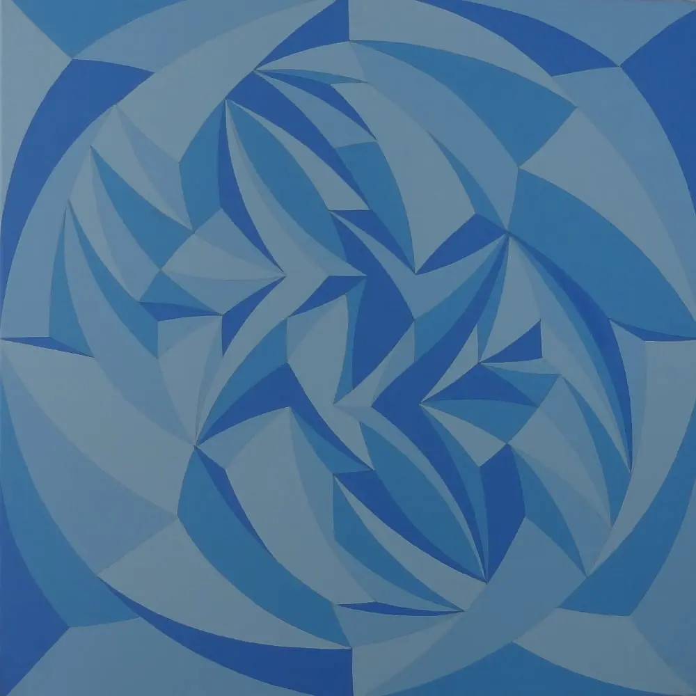 Gemälde „Rose“ von Ninki: geometrische Komposition aus Bögen und spitzen Flächen in vielen Blautönen